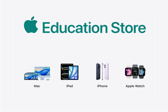 Apple Education Store verification screen showing student discount requirement with Apple Watch and MacBook