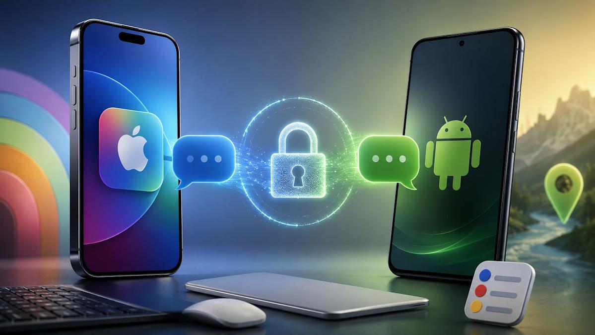 Apple and Google logos connected by encrypted data lines representing cross-platform RCS messaging collaboration