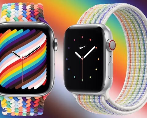 Apple Pride 2026 Sport Loop band with 11 color woven design and Luminance watch face