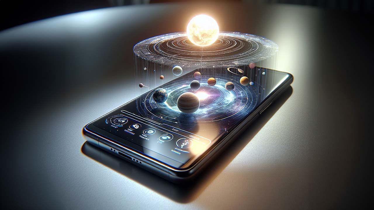 Apple Spatial iPhone concept showing holographic 3D interface and spatial computing display