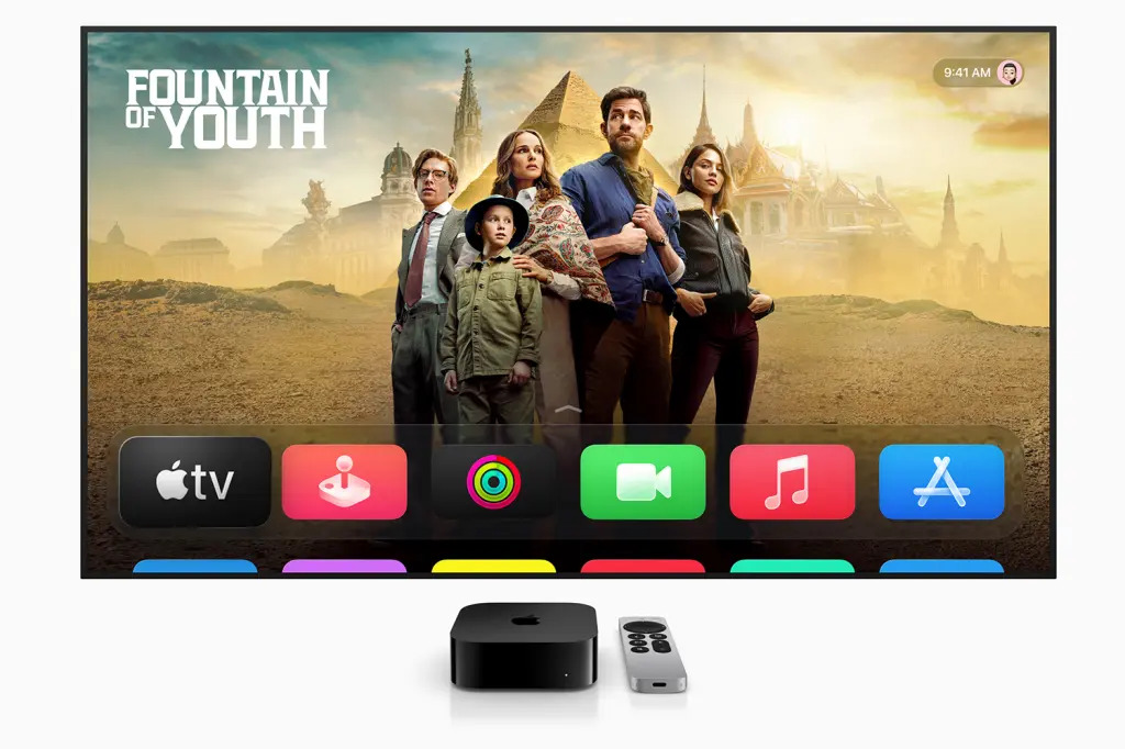 Apple TV interface streaming MLS match with live camera angles and scoreboard overlay