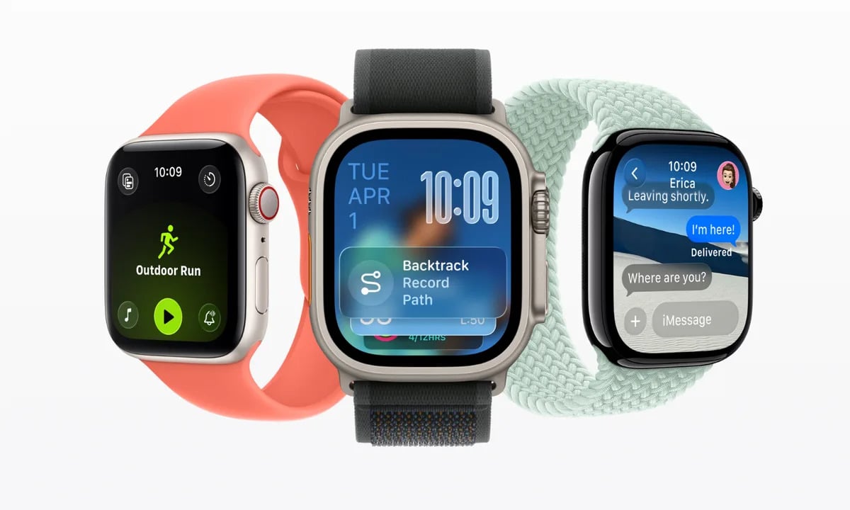 Apple Watch showing Pride Luminance watch face alongside Apple TV and HomePod representing Apple 26.5 software update