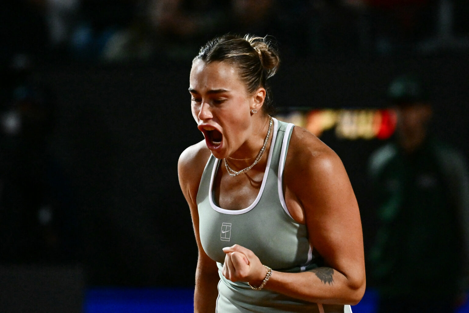 Aryna Sabalenka reacts during her shock defeat to Sorana Cirstea at the Italian Open in Rome