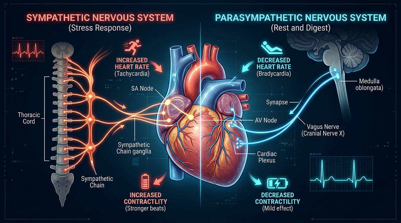 Autonomic Nervous System Control of Heart Rate Variability Diagram showing sympathetic and parasympathetic nervous system regulating heart rate variability