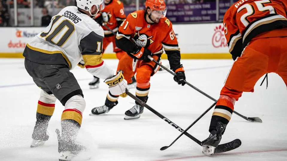 Beckett Sennecke celebrates during Ducks playoff win over Vegas Golden Knights in Game 4
