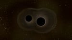 Two massive black holes merging in space, producing spacetime ripples and gravitational waves