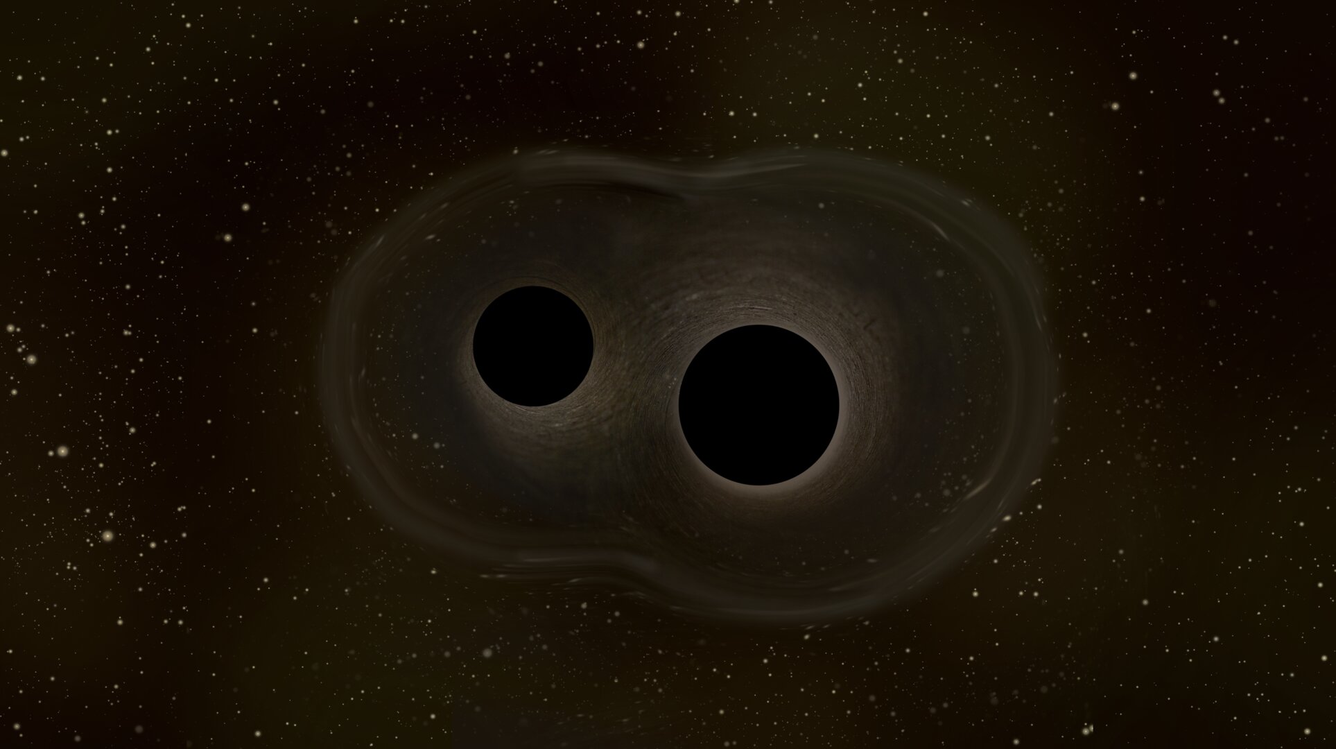 Two massive black holes merging in space, producing spacetime ripples and gravitational waves