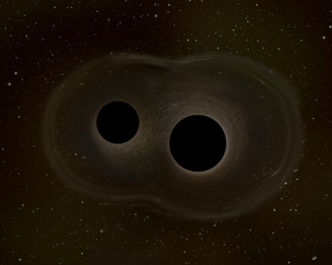 Two massive black holes merging in space, producing spacetime ripples and gravitational waves