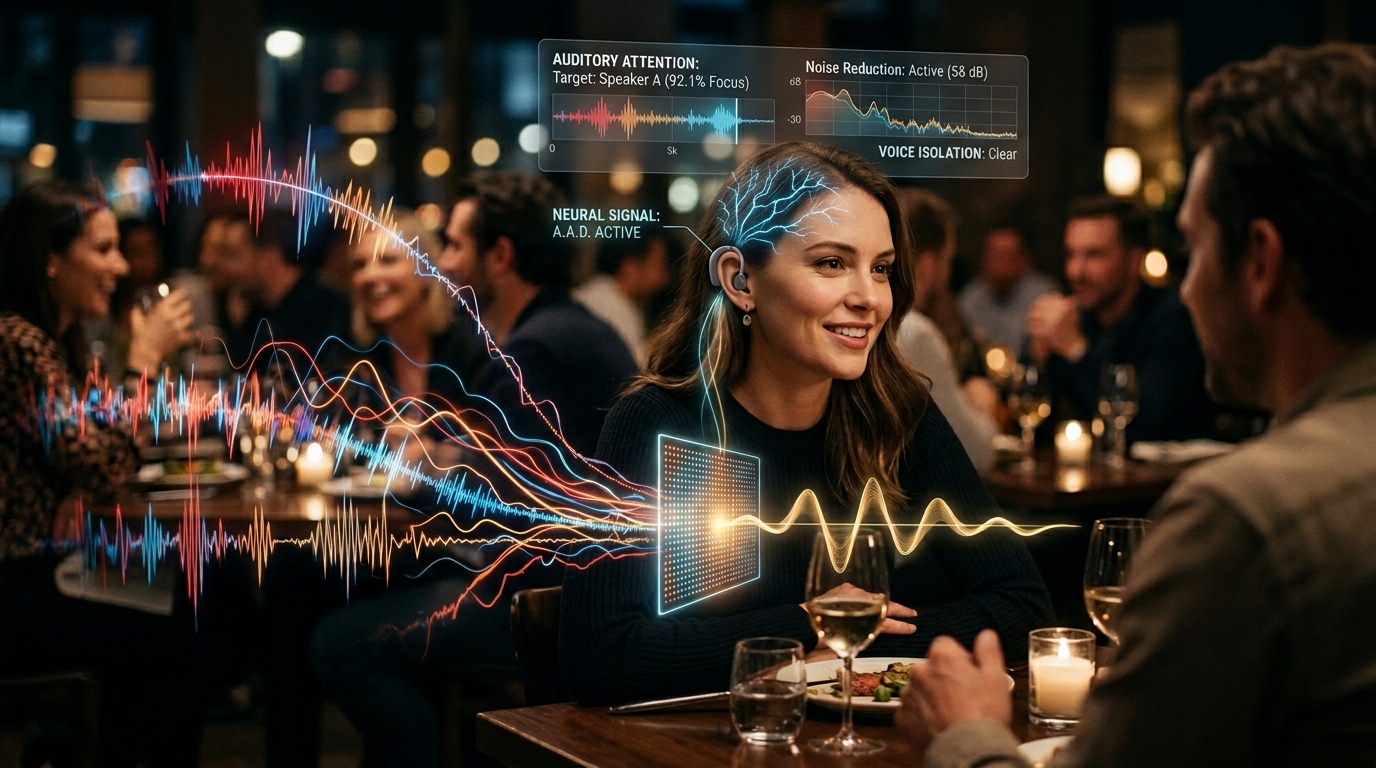 Brain-controlled hearing aid using EEG signals to isolate a single voice in a crowded room
