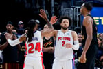 Cade Cunningham celebrates during Pistons Game 2 win over Cavaliers in 2026 NBA Playoffs