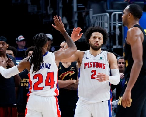 Cade Cunningham celebrates during Pistons Game 2 win over Cavaliers in 2026 NBA Playoffs