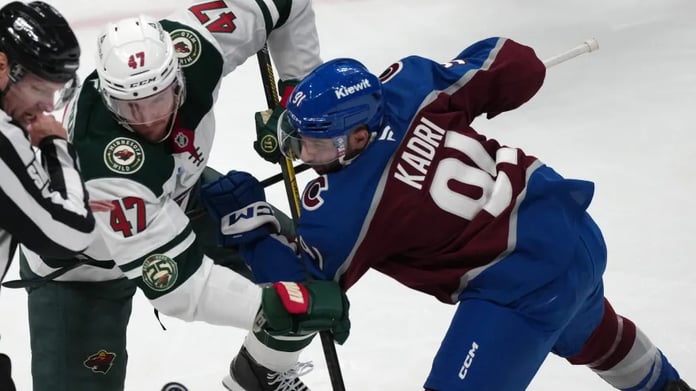 Cale Makar of Colorado Avalanche skating during NHL playoff game against Vegas Golden Knights