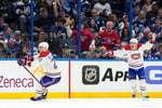 Juraj Slafkovský celebrates during Montreal Canadiens Game 1 win over Carolina Hurricanes in the Eastern Conference Final