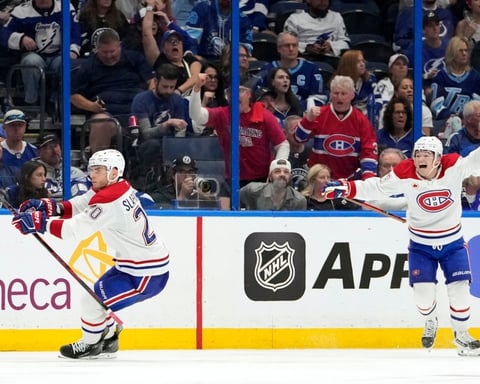 Juraj Slafkovský celebrates during Montreal Canadiens Game 1 win over Carolina Hurricanes in the Eastern Conference Final
