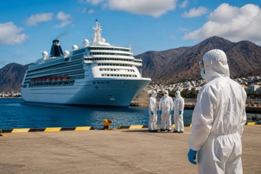 Quarantine screening of cruise passengers during hantavirus outbreak in Spain Health workers screening cruise ship passengers for hantavirus infection during emergency evacuation in Canary Islands