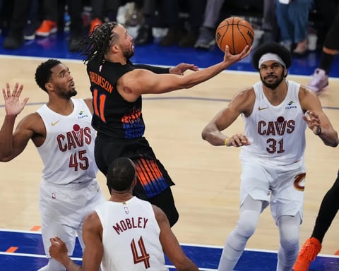 Donovan Mitchell reacts during the Cavaliers' Game 2 loss against the Knicks in the Eastern Conference Finals
