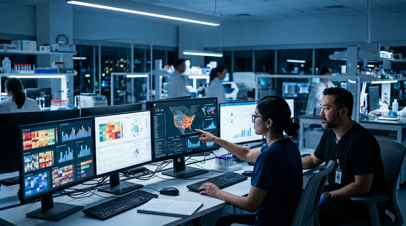 Scientists working in a CDC-style laboratory analyzing vaccine safety surveillance data on computer screens