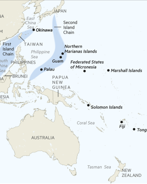 Map showing China’s naval deployment near Taiwan and the first island chain