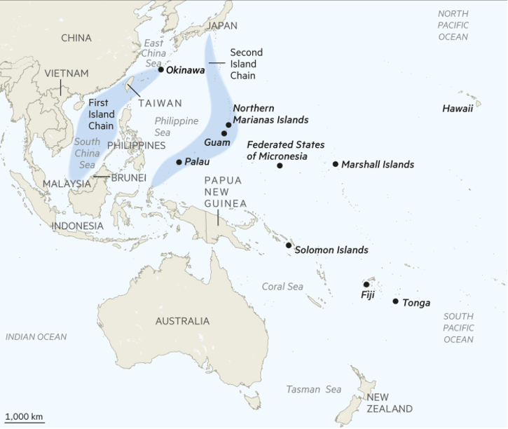 Map showing China’s naval deployment near Taiwan and the first island chain
