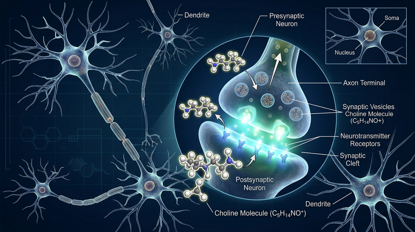 Choline molecules interacting with brain neurons in Alzheimer’s research