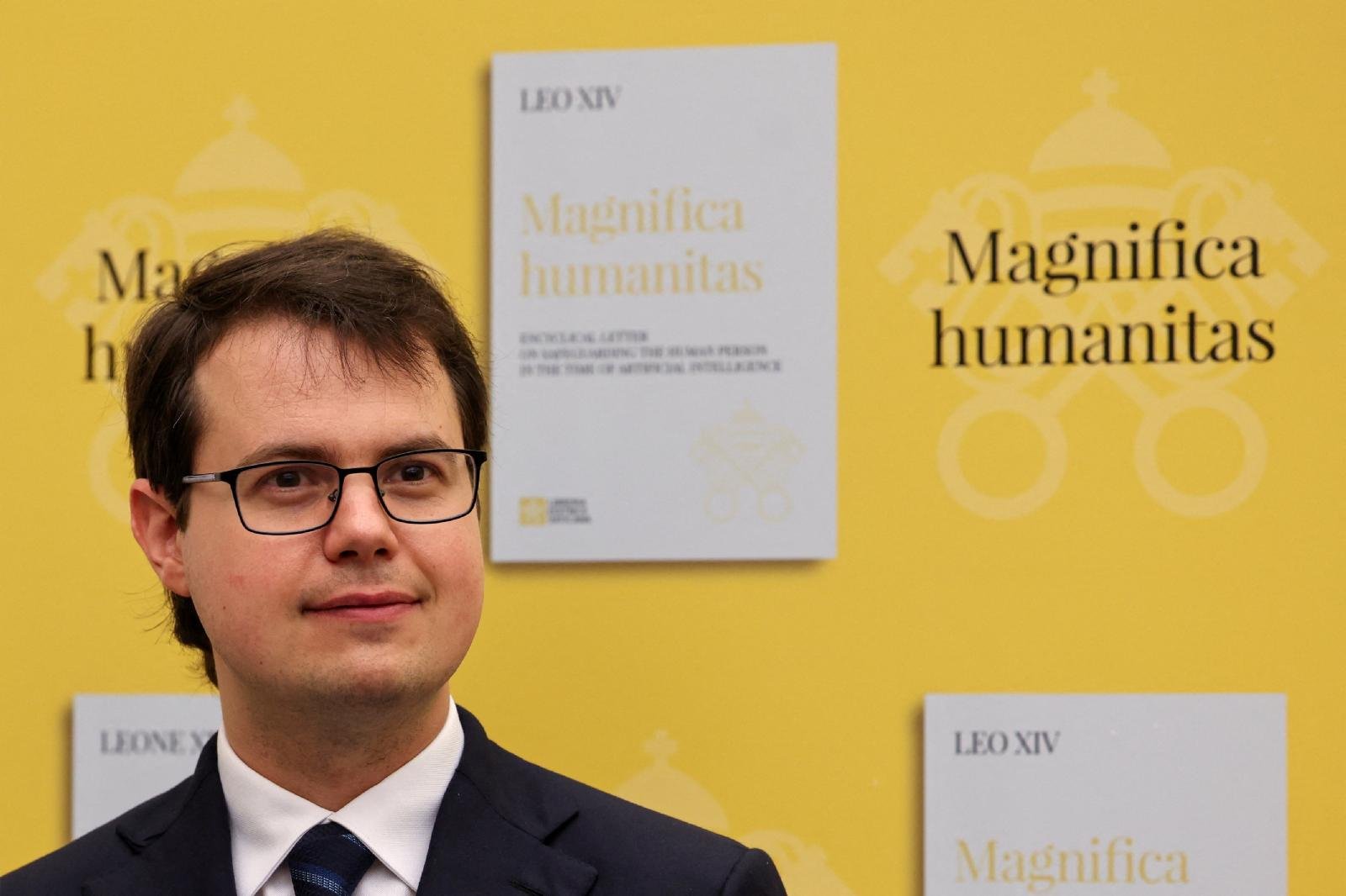 Anthropic co-founder Christopher Olah addresses the Vatican Synod Hall during the presentation of Pope Leo XIV's AI encyclical Magnifica Humanitas, May 25, 2026