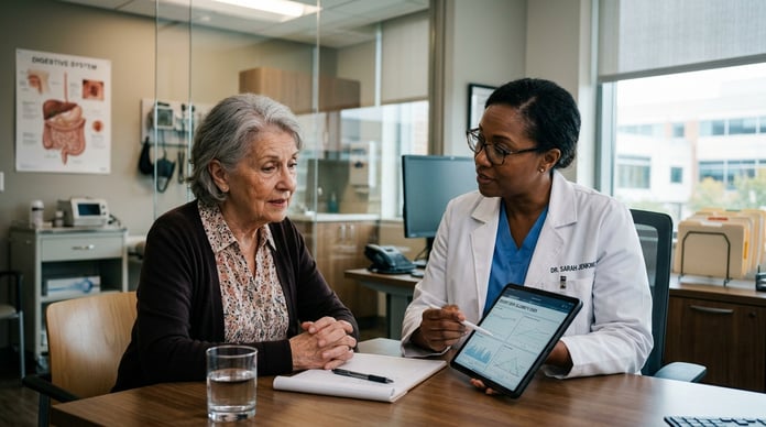 elderly patient discussing colonoscopy screening decision with doctor in hospital consultation room