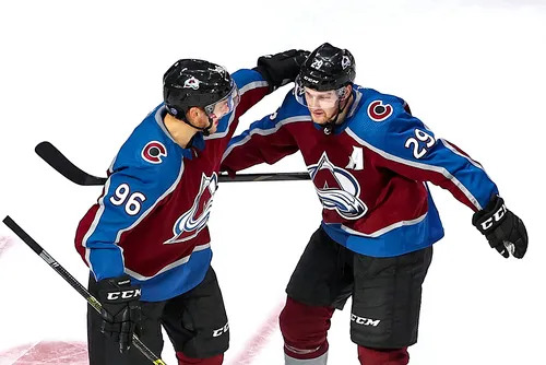 Colorado Avalanche players gathering during playoff practice session