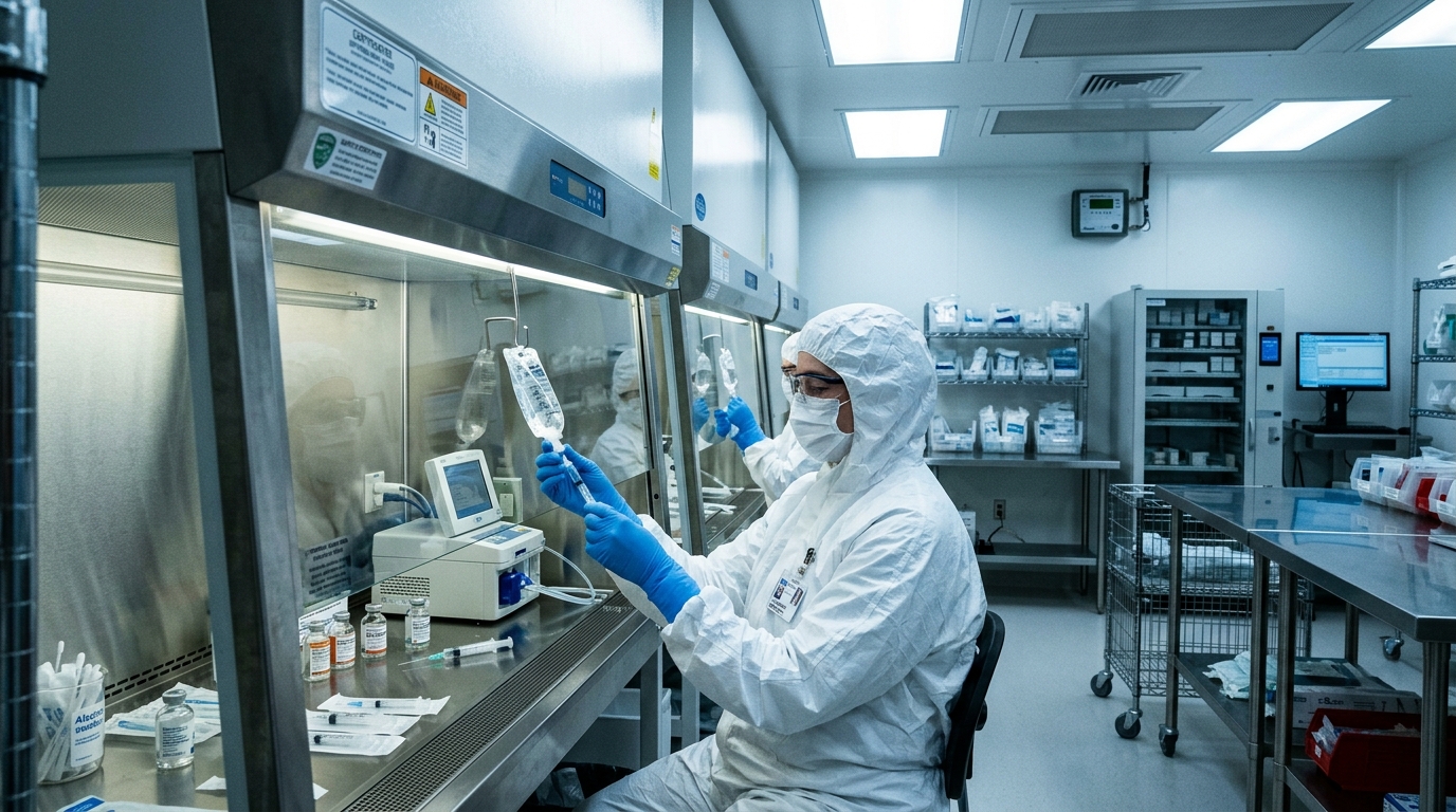 Inside Compounding Pharmacies Producing GLP-1 Drugs Sterile compounding pharmacy preparing GLP-1 weight-loss injections