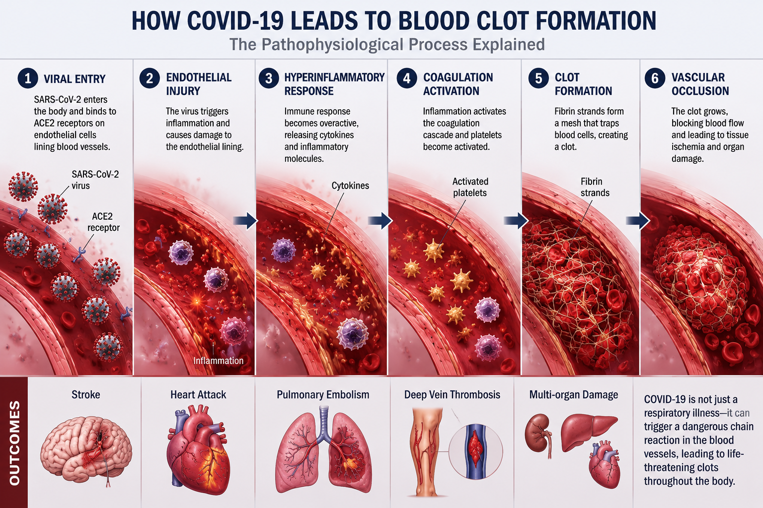 Medical diagram showing how COVID-19 leads to blood clot formation through vascular inflammation.