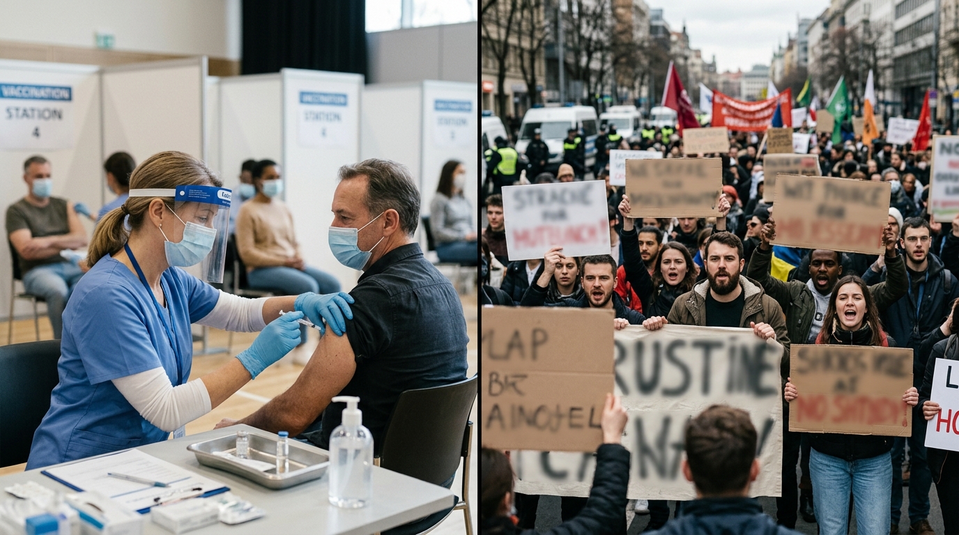 Public vaccination clinic contrasted with protest scene reflecting divided opinions on COVID-19 vaccine policy and trust
