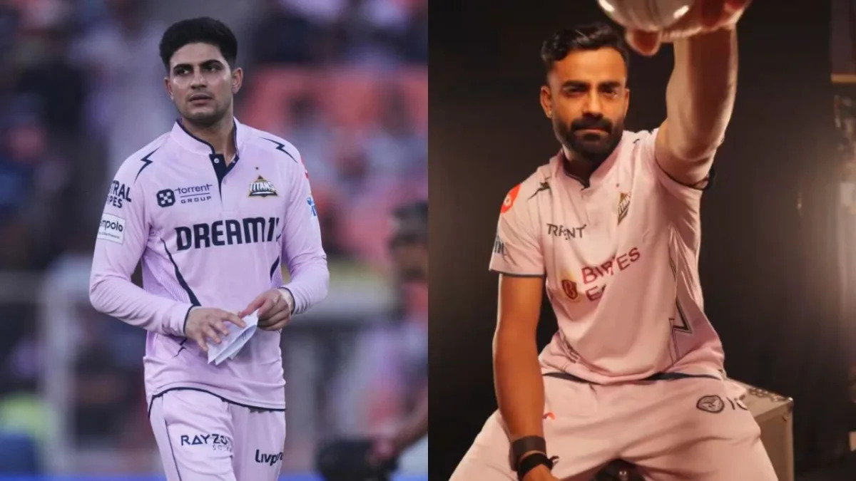 Gujarat Titans players wearing lavender jerseys during IPL 2026 match against Sunrisers Hyderabad in Ahmedabad stadium