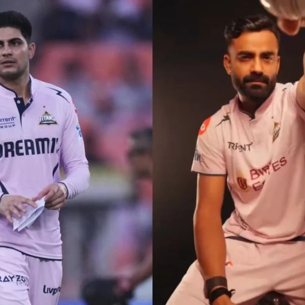 Gujarat Titans players wearing lavender jerseys during IPL 2026 match against Sunrisers Hyderabad in Ahmedabad stadium