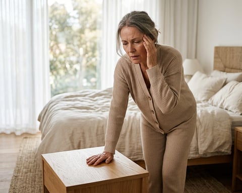 Person steadying themselves on a chair after feeling dizzy while standing up, an example of orthostatic hypotension