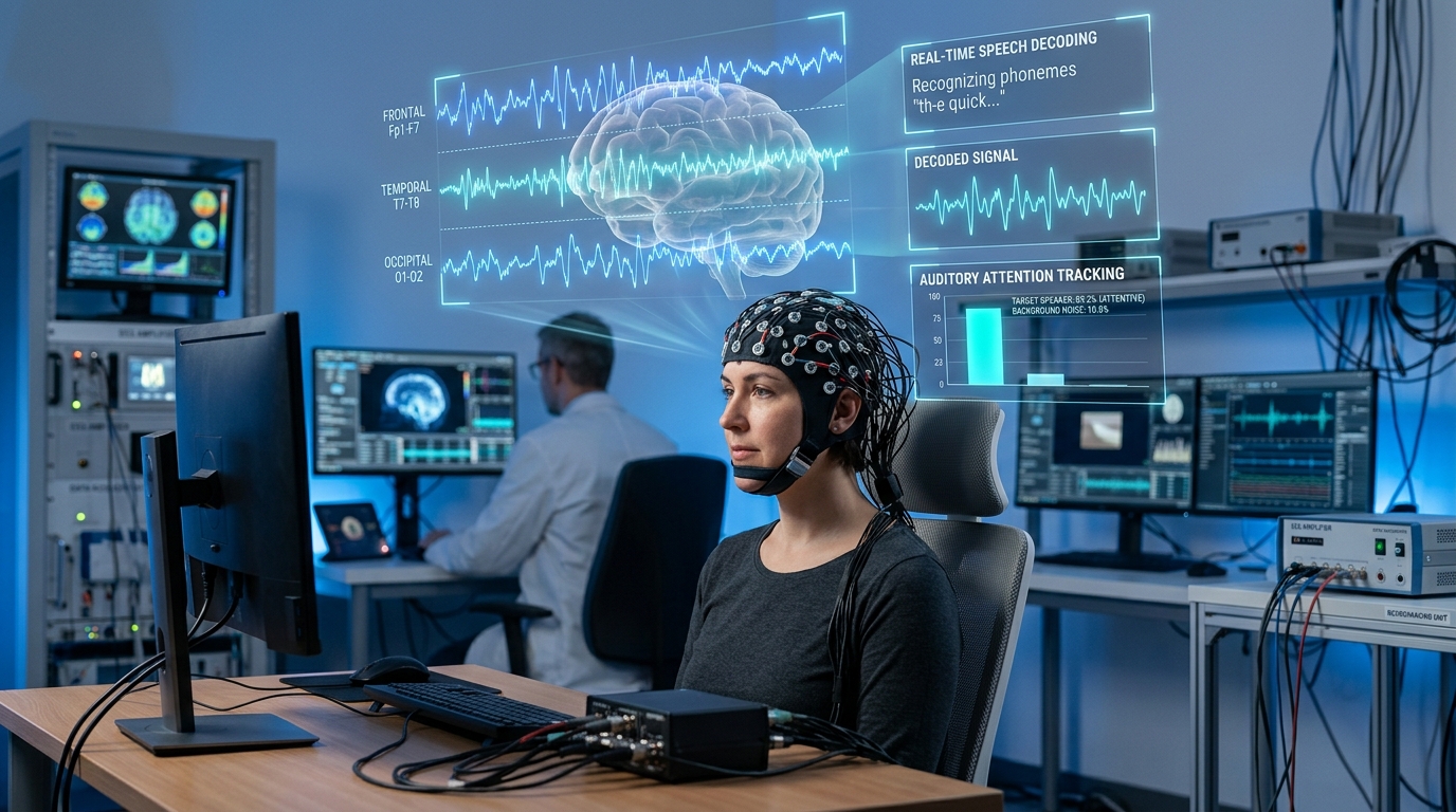 EEG brain signals decoding auditory attention Electroencephalography headset measuring brain activity for auditory attention decoding in hearing research