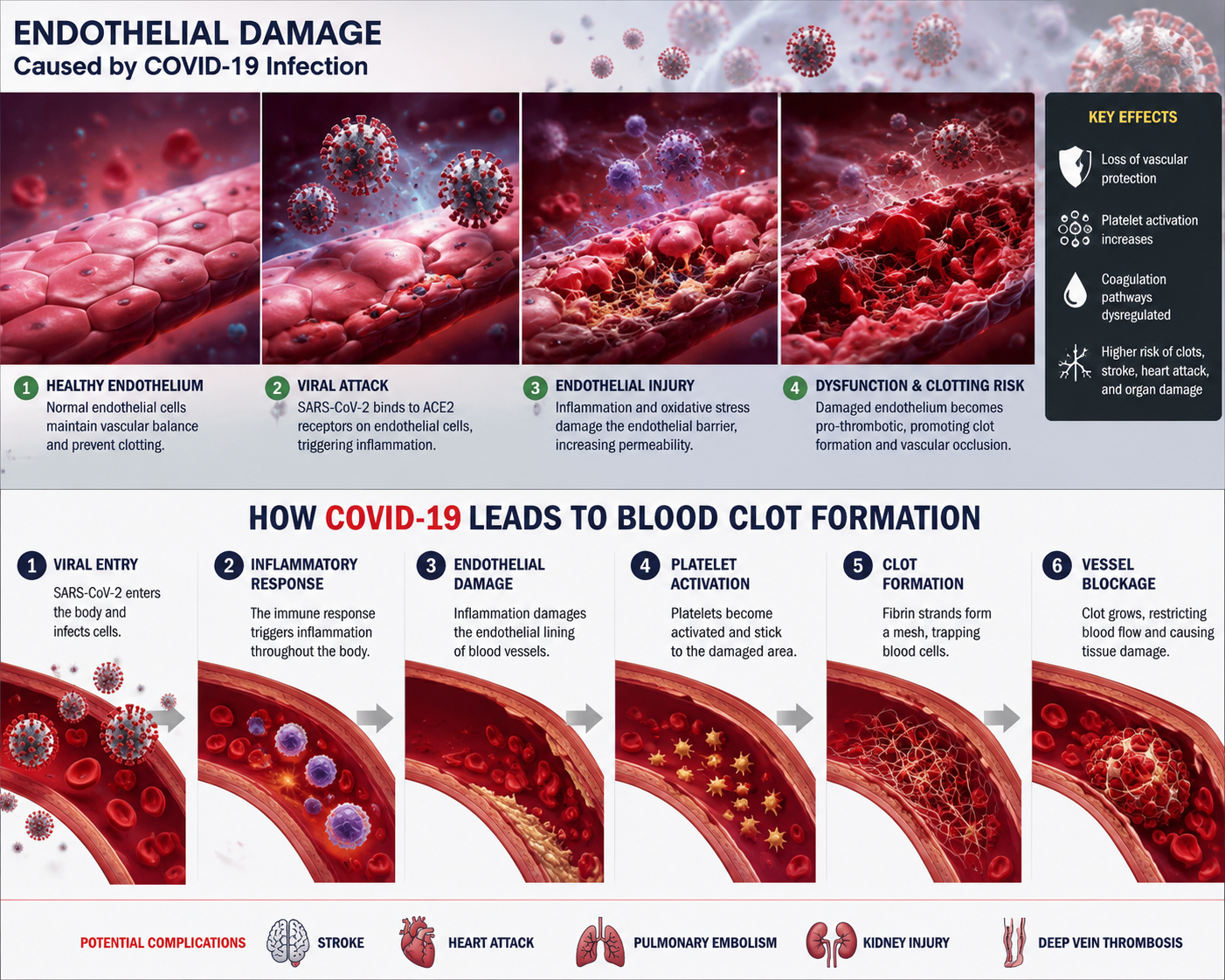 Microscopic view of endothelial cell damage caused by COVID-19 leading to vascular dysfunction.