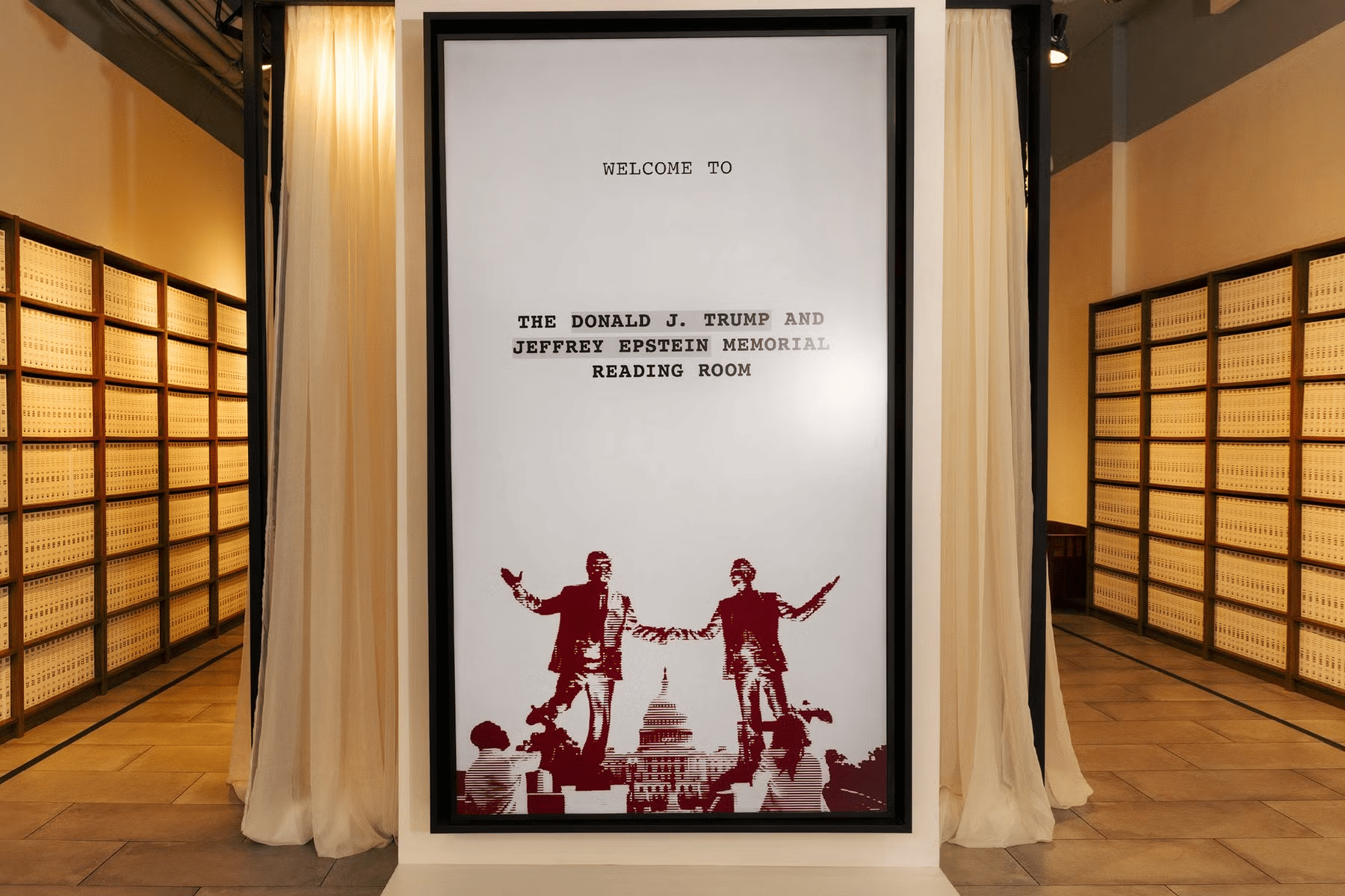 Jeffrey Epstein files museum exhibition in New York displaying DOJ archives linked to Trump and elite networks