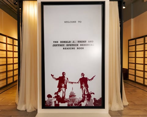Jeffrey Epstein files museum exhibition in New York displaying DOJ archives linked to Trump and elite networks