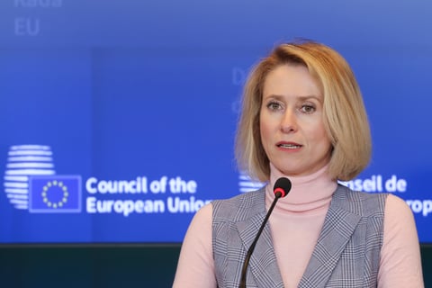 Kaja Kallas addressing EU foreign ministers during sanctions announcement in Brussels