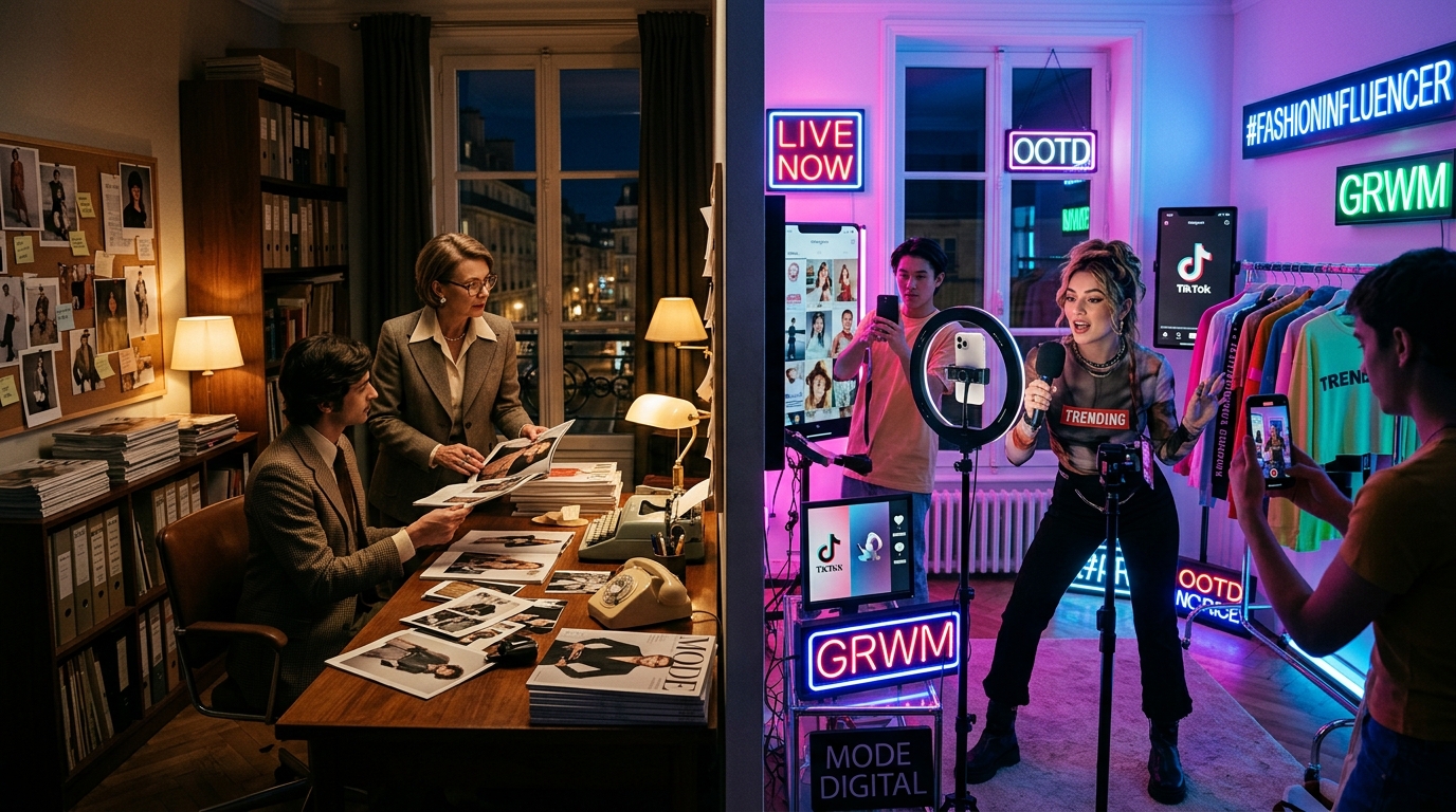 Contrast between traditional fashion editorial world and influencer-driven media