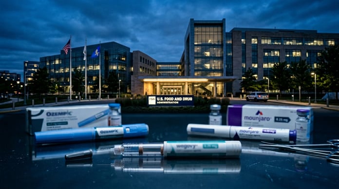 FDA headquarters with GLP-1 injection pens representing weight-loss drug regulation crackdown