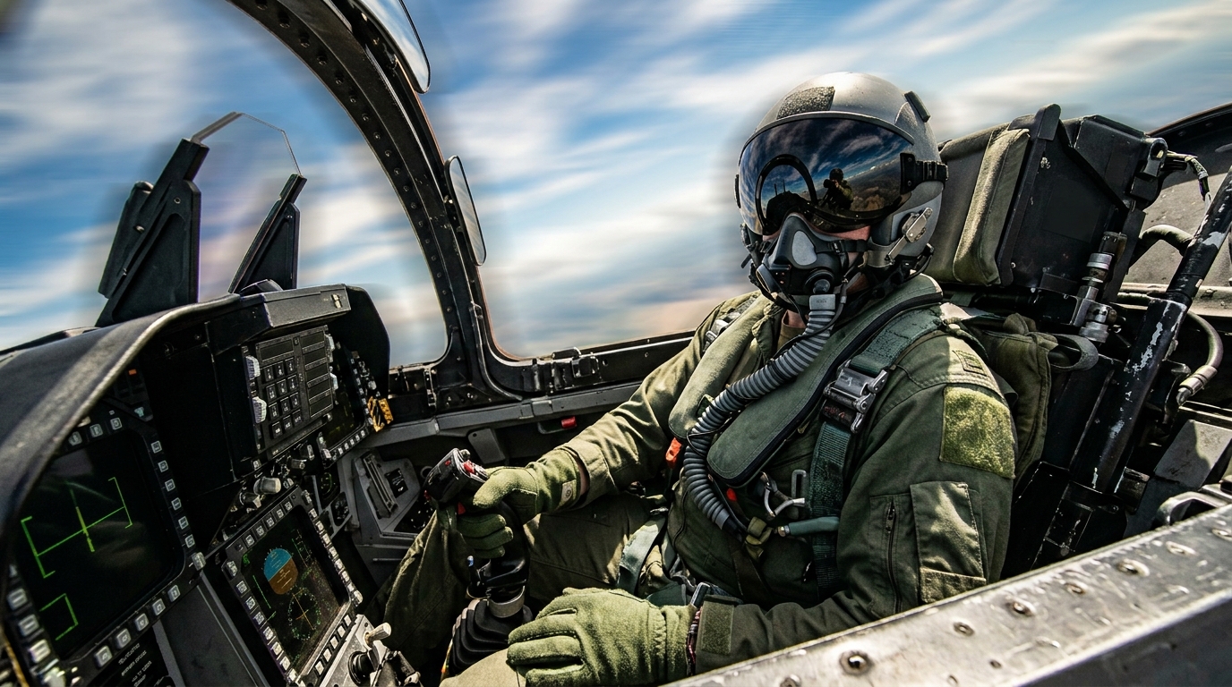 Fighter pilot in cockpit demonstrating muscle tensing techniques used to prevent blacking out from G-forces