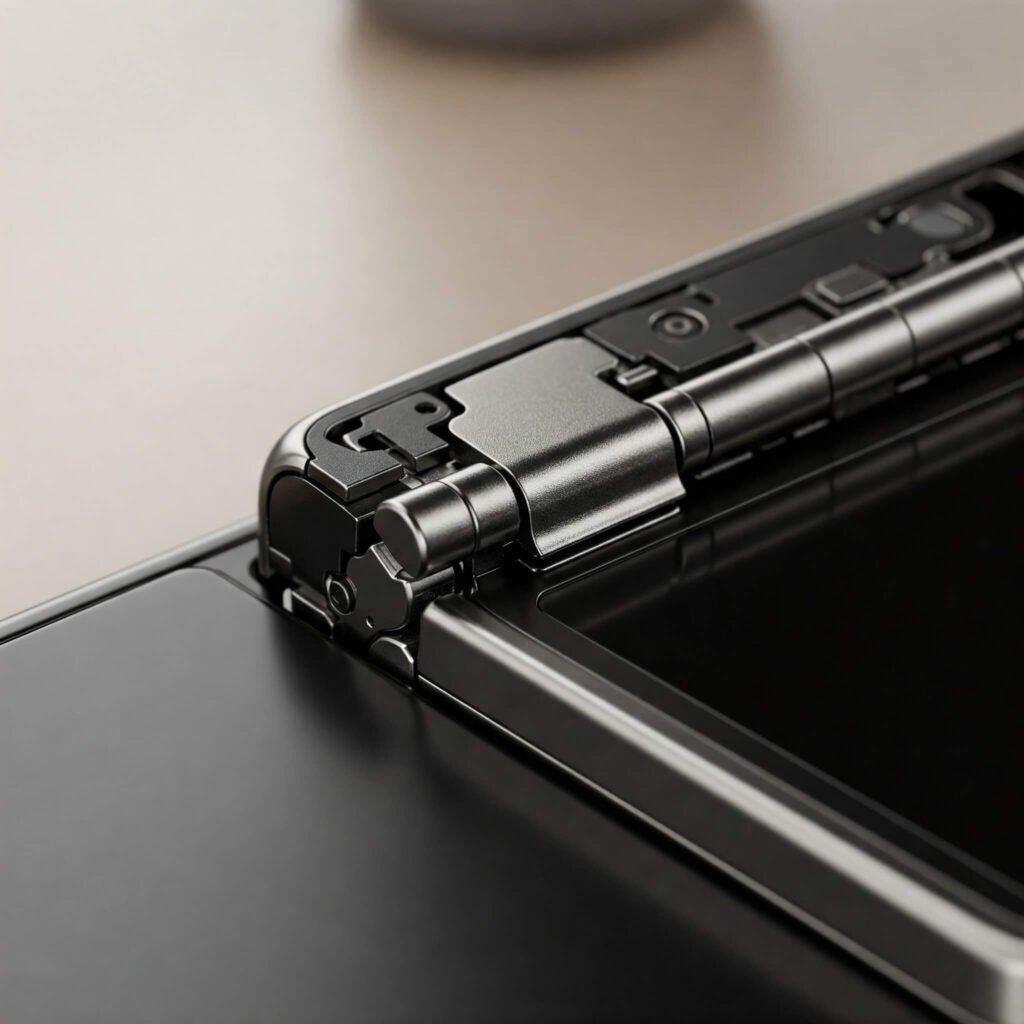 Close-up of foldable smartphone hinge showing complex durability engineering