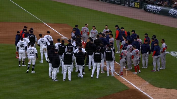 Framber Valdez hits Trevor Story as benches clear during Red Sox vs Tigers game