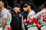 Framber Valdez reacts during the benches-clearing incident between the Detroit Tigers and Boston Red Sox after hitting Trevor Story