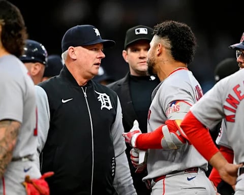 Framber Valdez reacts during the benches-clearing incident between the Detroit Tigers and Boston Red Sox after hitting Trevor Story
