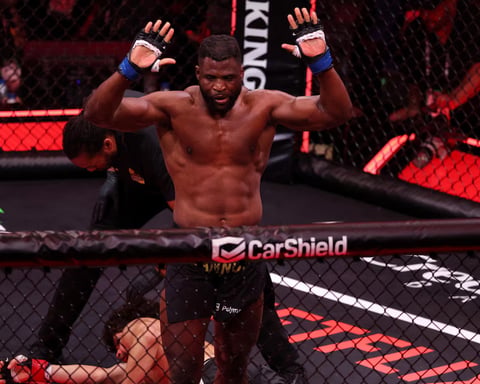 Francis Ngannou celebrates after knocking out Philipe Lins at MVP MMA 1 while Jon Jones superfight rumors explode
