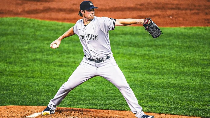 Gerrit Cole pitching for the New York Yankees during his 2026 MLB return against the Tampa Bay Rays