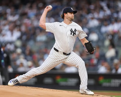 Gerrit Cole reacts after six shutout innings in his Yankees return against the Rays in 2026