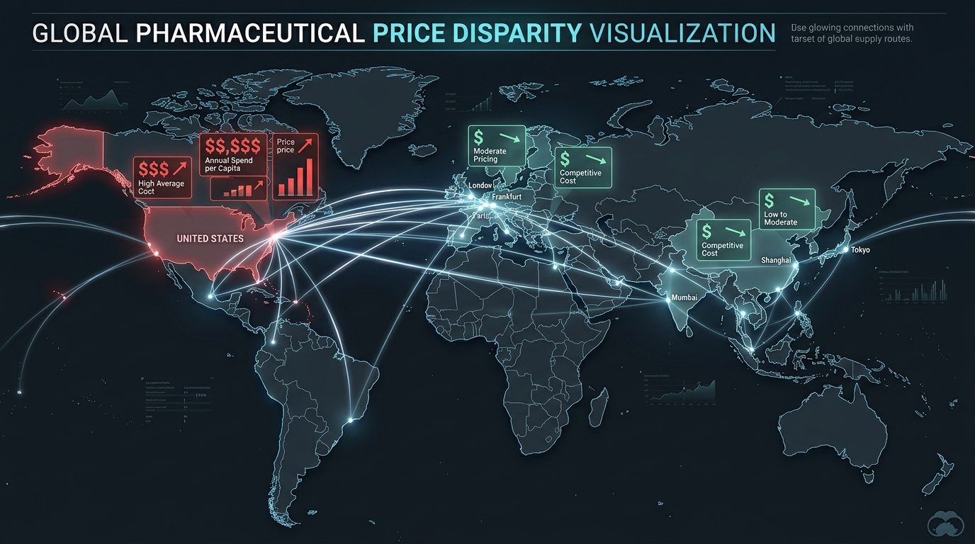 World map showing US pharmaceutical prices compared to global benchmarks under MFN system