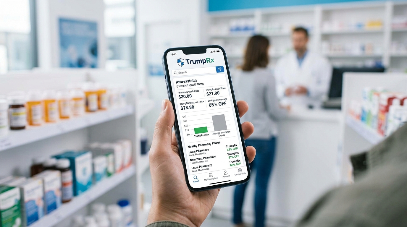 TrumpRx app showing US drug prices and prescription discount system